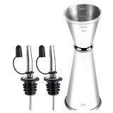Pafusen Bartending Jigger With 2 Pourers, Japanese Jigger With 5 Measurements, 2oz/1oz, Shot Measure, Bar Tool Accessories (Silver, 1 Jigger + 2 Pourers With Caps)