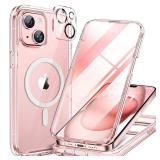 Miracase Glass Series for iPhone 15 Case [Compatible with MagSafe] Full-Body Magnetic Case with Built-in 9H Tempered Glass Anti-Fingerprint Screen Protector + Camera Lens Protector, Clear Pink