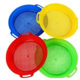 QINGLER Sand Sifters Sieve for The Beach Sand Toys (Red, Blue, Yellow & Green) Complete Gift Set Bundle-4Pack(8.75x 9.75in)