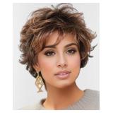 TISHINING Short Mixed Brown Curly Wigs for Women Layered Red Brown Pixie Cut Wig with Bangs Heat Synthetic Short Hair Wigs for White Women Natural Looking Daily Party Wig