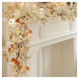 Joyhalo Fall Leaves Garland for Mantle, Autumn Leaf Garland with White Pumpkins, Outdoor Fall Maple Harvest Decorations for Home,Mantle,Porch and Fireplace