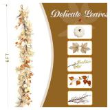 Joyhalo Fall Leaves Garland for Mantle, Autumn Leaf Garland with White Pumpkins, Outdoor Fall Maple Harvest Decorations for Home,Mantle,Porch and Fireplace
