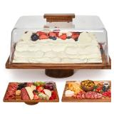 RosiRoli Acacia Wood Cake Stand with Lid 2-in-1 Rectangular Charcuterie Board & Dessert Display, Shatterproof Acrylic Dome Cover for Freshness, Serving Platter for Parties, Weddings, Birthdays, Gifts