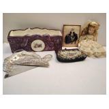 CERAMIC LETTER BOX, VICTORIAN PICTURE, POCKET PURSE, METAL BREAD CRUMB TRAYS ( MADE IN OCCUPIED JAPAN)  PORCELAIN DOLL 9" CERAMIC LETTER BOX, VICTORIAN PICTURE, POCKET PURSE, METAL BREAD CRUMB TRAYS ( MADE IN OCCUPIED JAPAN)  PORCELAIN DOLL 9"