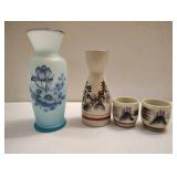 VINTAGE JAPANESE SAKE SET AND VINTAGE ALPINE SAFEDGE GLASS VASE(6.5") VINTAGE JAPANESE SAKE SET AND VINTAGE ALPINE SAFEDGE GLASS VASE(6.5")