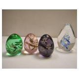 3 FENTON GLASS EGGS AND UNIQUE GLASS PAPER WEIGHT 3 FENTON GLASS EGGS AND UNIQUE GLASS PAPER WEIGHT