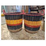 SET OF (2) 13" TALL PLASTIC WOVEN BASKETS WITH HANDLES in BLACK ORANGE AND RED STRIPES SET OF (2) 13" TALL PLASTIC WOVEN BASKETS WITH HANDLES in BLACK ORANGE AND RED STRIPES