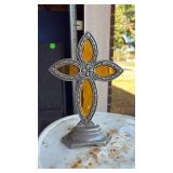 AMBER GLASS AND METAL CROSS DECOR APPROXIMATELY NINE INCHES TALL AMBER GLASS AND METAL CROSS DECOR APPROXIMATELY NINE INCHES TALL