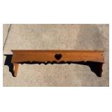 WOOD WALL SHELF WITH HEART CUT OUT APPROXIMATELY 44 INCHES WIDE AND 12 INCHES TALL WITH A SHELF DEPTH OF 7 INCHES WOOD WALL SHELF WITH HEART CUT OUT APPROXIMATELY 44 INCHES WIDE AND 12 INCHES TALL WITH A SHELF DEPTH OF 7 INCHES