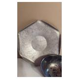 Aluminum Decorative Plate Approximately 10 Inch Diameter and Silverplate Footed Bowl Aluminum Decorative Plate Approximately 10 Inch Diameter and Silverplate Footed Bowl