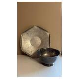 Aluminum Decorative Plate Approximately 10 Inch Diameter and Silverplate Footed Bowl Aluminum Decorative Plate Approximately 10 Inch Diameter and Silverplate Footed Bowl