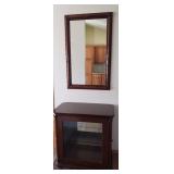 Cherry Wood Entry Hall Curio Cabinet with Glass Doors 32in W x 18in D x 32in T & Matching Mirror 26in W x 40in T - From Haverty's