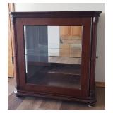 Cherry Wood Entry Hall Curio Cabinet with Glass Doors 32in W x 18in D x 32in T & Matching Mirror 26in W x 40in T - From Haverty
