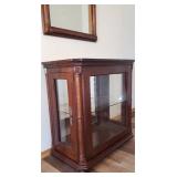 Cherry Wood Entry Hall Curio Cabinet with Glass Doors 32in W x 18in D x 32in T & Matching Mirror 26in W x 40in T - From Haverty
