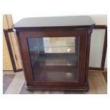 Cherry Wood Entry Hall Curio Cabinet with Glass Doors 32in W x 18in D x 32in T & Matching Mirror 26in W x 40in T - From Haverty