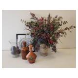 Large Floral Arrangement in Ceramic Urn Vase, Dot Optic Blown Glass Vase with Greenery, and Leather Covered Decanters, and Framed Print