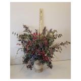 Large Floral Arrangement in Ceramic Urn Vase, Dot Optic Blown Glass Vase with Greenery, and Leather Covered Decanters, and Framed Print