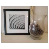 Large Floral Arrangement in Ceramic Urn Vase, Dot Optic Blown Glass Vase with Greenery, and Leather Covered Decanters, and Framed Print