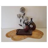Oval Woven Jute Place Mats, Woven Bamboo Serving Tray, 2 Large Glazed Pottery Vases, and Metal Floral Wall Decor