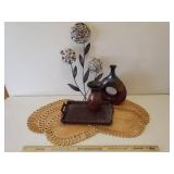 Oval Woven Jute Place Mats, Woven Bamboo Serving Tray, 2 Large Glazed Pottery Vases, and Metal Floral Wall Decor