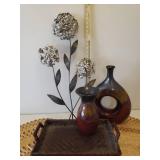 Oval Woven Jute Place Mats, Woven Bamboo Serving Tray, 2 Large Glazed Pottery Vases, and Metal Floral Wall Decor