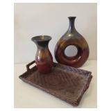 Oval Woven Jute Place Mats, Woven Bamboo Serving Tray, 2 Large Glazed Pottery Vases, and Metal Floral Wall Decor