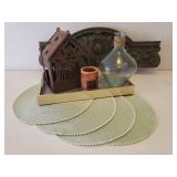 Metal Cottage Candle Lantern, Molded Wall/Over Door Plaque, Gold Serving Tray, Round Placemats, & Wood and Glass Decor