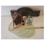 Metal Cottage Candle Lantern, Molded Wall/Over Door Plaque, Gold Serving Tray, Round Placemats, & Wood and Glass Decor