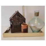 Metal Cottage Candle Lantern, Molded Wall/Over Door Plaque, Gold Serving Tray, Round Placemats, & Wood and Glass Decor