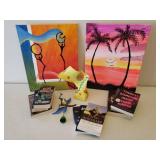 Custom Painted Canvas Art, Hand Painted Art Sculpture, Metal Wind Chime, and 9 Paperback Novels