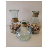 3 Large Heavy Green Glass Urn Vases with Potpourri