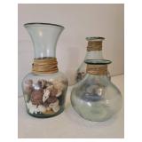 3 Large Heavy Green Glass Urn Vases with Potpourri