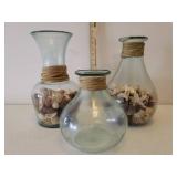 3 Large Heavy Green Glass Urn Vases with Potpourri