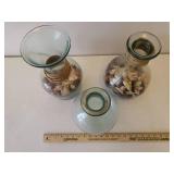 3 Large Heavy Green Glass Urn Vases with Potpourri