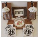 Signed/Framed Miss Kanas Centennial Dollar Bill, Pair of Wall Hanger Flower Jars with Lights, Ceramic Tile Coasters, and Goodwood Teak Serving Tray with Ceramic Insert & Glass Cheese Dome