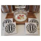 Signed/Framed Miss Kanas Centennial Dollar Bill, Pair of Wall Hanger Flower Jars with Lights, Ceramic Tile Coasters, and Goodwood Teak Serving Tray with Ceramic Insert & Glass Cheese Dome