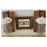 Signed/Framed Miss Kanas Centennial Dollar Bill, Pair of Wall Hanger Flower Jars with Lights, Ceramic Tile Coasters, and Goodwood Teak Serving Tray with Ceramic Insert & Glass Cheese Dome