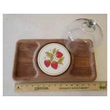 Signed/Framed Miss Kanas Centennial Dollar Bill, Pair of Wall Hanger Flower Jars with Lights, Ceramic Tile Coasters, and Goodwood Teak Serving Tray with Ceramic Insert & Glass Cheese Dome