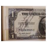 Signed/Framed Miss Kanas Centennial Dollar Bill, Pair of Wall Hanger Flower Jars with Lights, Ceramic Tile Coasters, and Goodwood Teak Serving Tray with Ceramic Insert & Glass Cheese Dome