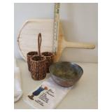 Vintage Hammered Copper Serving Bowl, Pair of Hammered Copper Wine Glass Coolers, Full Apron, Drink Recipe Bar Towel, Woven Condiment/Utensil Caddy, and Wooden Pizza Board