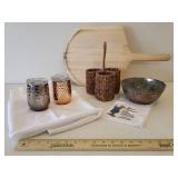 Vintage Hammered Copper Serving Bowl, Pair of Hammered Copper Wine Glass Coolers, Full Apron, Drink Recipe Bar Towel, Woven Condiment/Utensil Caddy, and Wooden Pizza Board