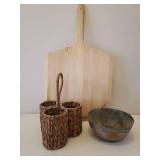 Vintage Hammered Copper Serving Bowl, Pair of Hammered Copper Wine Glass Coolers, Full Apron, Drink Recipe Bar Towel, Woven Condiment/Utensil Caddy, and Wooden Pizza Board