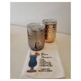 Vintage Hammered Copper Serving Bowl, Pair of Hammered Copper Wine Glass Coolers, Full Apron, Drink Recipe Bar Towel, Woven Condiment/Utensil Caddy, and Wooden Pizza Board