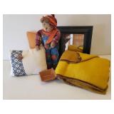 Vintage Velvet Trimmed Fall Throw Blanket, 2 Throw Pillows, Bronze Wash Framed Beveled Wall Mirror, Pottery Dish, and DanDee Plush "Pumpkin Farmer" Bear