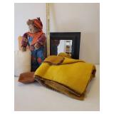 Vintage Velvet Trimmed Fall Throw Blanket, 2 Throw Pillows, Bronze Wash Framed Beveled Wall Mirror, Pottery Dish, and DanDee Plush "Pumpkin Farmer" Bear