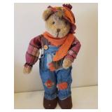 Vintage Velvet Trimmed Fall Throw Blanket, 2 Throw Pillows, Bronze Wash Framed Beveled Wall Mirror, Pottery Dish, and DanDee Plush "Pumpkin Farmer" Bear