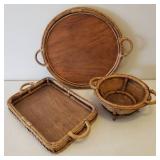 Set of 3 - Matching Woven Bamboo Handled Servers - Biscuit/Bread Basket, Rectangle Tray and Round Tray