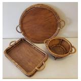Set of 3 - Matching Woven Bamboo Handled Servers - Biscuit/Bread Basket, Rectangle Tray and Round Tray