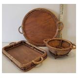 Set of 3 - Matching Woven Bamboo Handled Servers - Biscuit/Bread Basket, Rectangle Tray and Round Tray