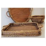 Set of 3 - Matching Woven Bamboo Handled Servers - Biscuit/Bread Basket, Rectangle Tray and Round Tray
